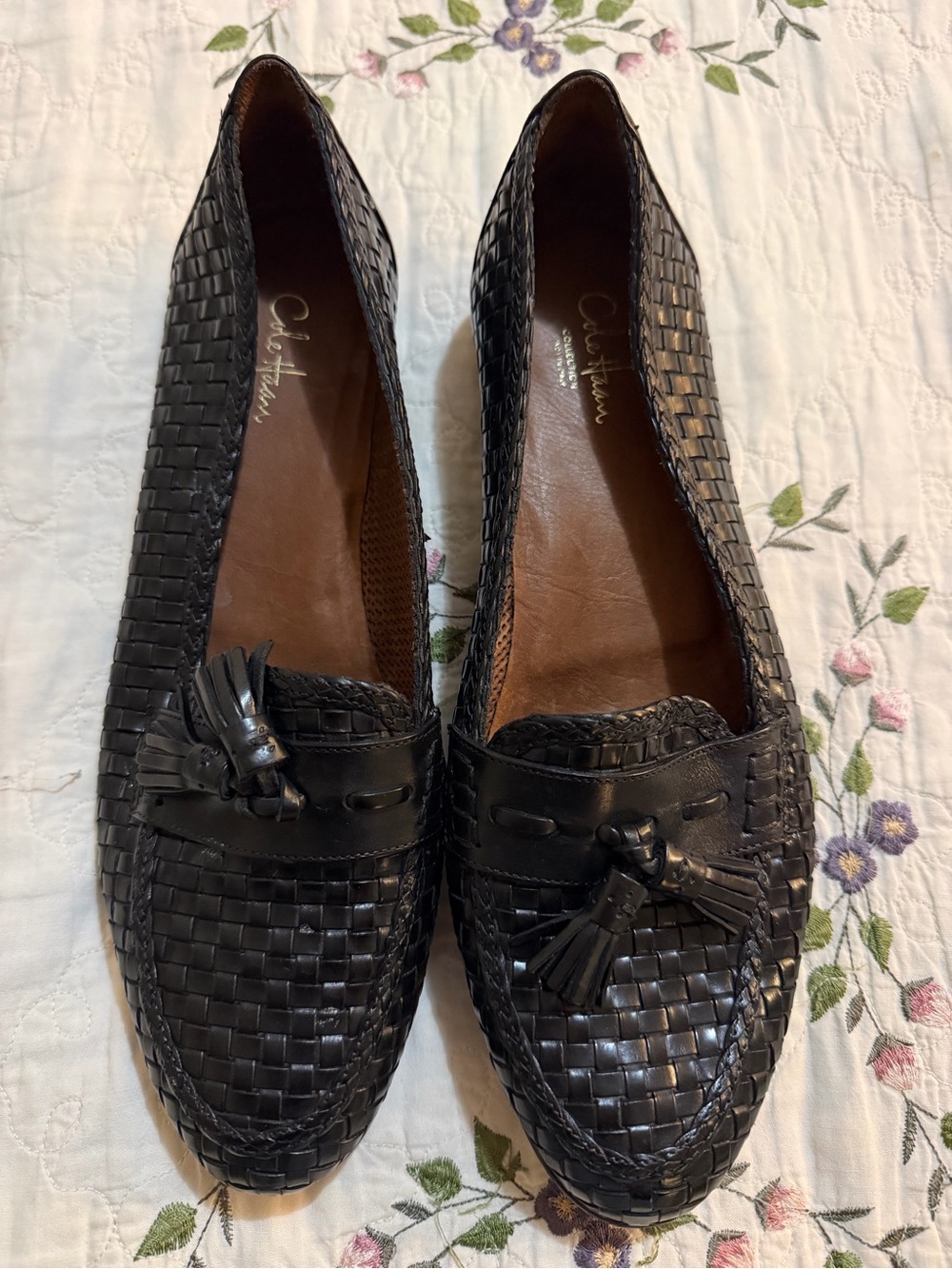 Cole Haan Black Woven Leather Tassel Mules